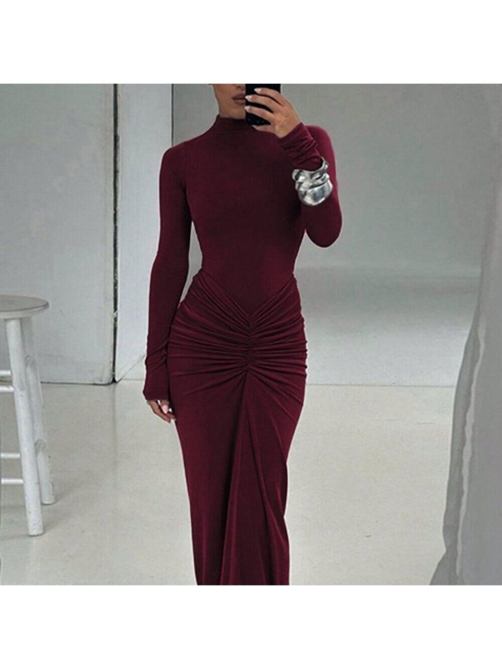 Burgundy Elegant Women's Fitted Crew Neck Long Sleeve Ruffle Hem Dress